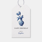 Blauw & wit Delft Tulpen Happy Birthday Cadeau lab Cadeaulabel (Voorkant)