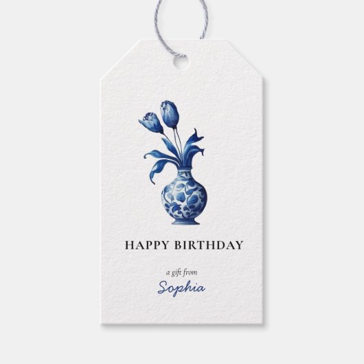 Blauw & wit Delft Tulpen Happy Birthday Cadeau lab Cadeaulabel (Voorkant)