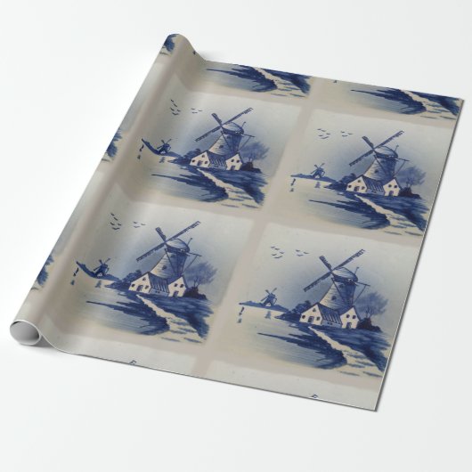  Blauw Wit Delft Windmolen Cadeaupapier (Uitgerold)
