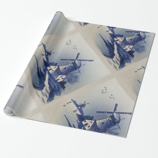  Blauw Wit Delft Windmolen Cadeaupapier (Uitgerold)