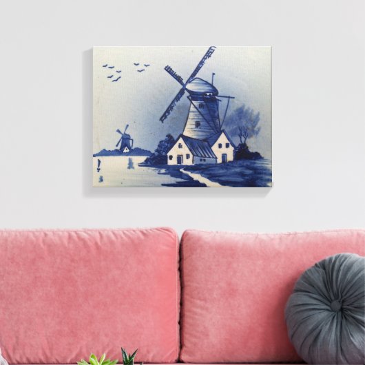 Blauw Wit Delft Windmolen Canvas Afdruk (Insitu (Woonkamer))