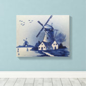 Blauw Wit Delft Windmolen Canvas Afdruk (Insitu (Houten vloer))