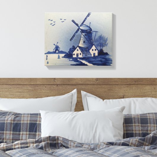 Blauw Wit Delft Windmolen Canvas Afdruk (Insitu (Slaapkamer))
