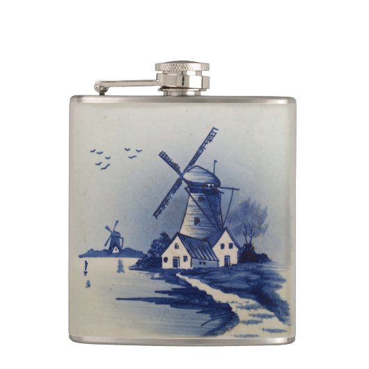 Blauw Wit Delft Windmolen Heupfles (Voorkant)