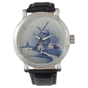 Blauw Wit Delft Windmolen Horloge