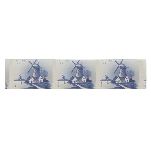 Blauw Wit Delft Windmolen Korte Tafelloper (Horizontaal)