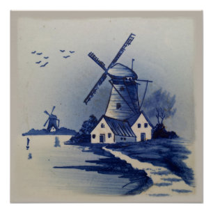 Blauw Wit Delft Windmolen Perfect Poster