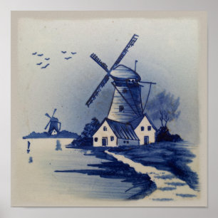 Blauw Wit Delft Windmolen Poster