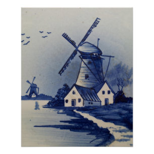 Blauw Wit Delft Windmolen Poster