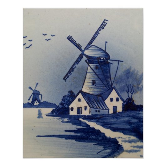  Blauw Wit Delft Windmolen Poster (Voorkant)