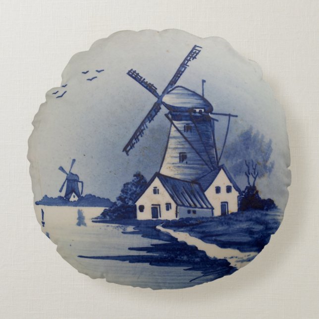  Blauw Wit Delft Windmolen Rond Kussen (Voorkant)