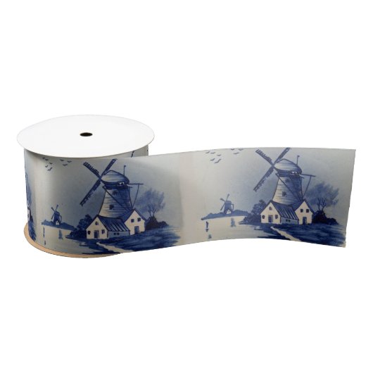 Blauw Wit Delft Windmolen Satijnen Lint (Spoel)