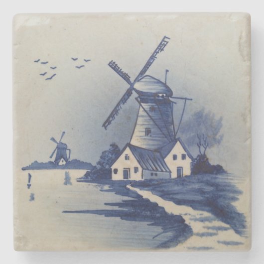 Blauw Wit Delft Windmolen Stenen Onderzetter (Voorkant)