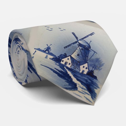  Blauw Wit Delft Windmolen Stropdas (Opgerold)