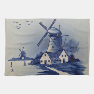 Blauw Wit Delft Windmolen Theedoek