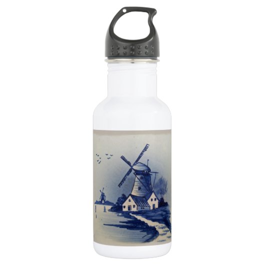 Blauw Wit Delft Windmolen Waterfles (Voorkant)