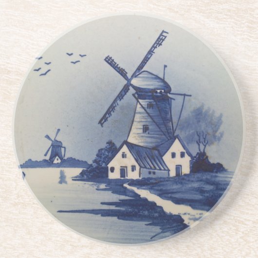 Blauw Wit Delft Windmolen Zandsteen Onderzetter (Voorkant)
