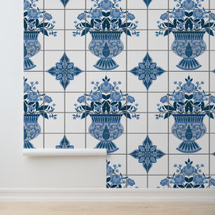 Blauw & Wit Delfts Bloemenarrangement Tegel Behang