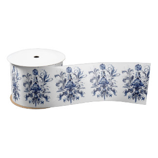 Blauw-wit Delfts ornament met bloemen Satijnen Lint