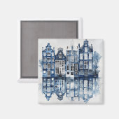 Blauw-wit Delfts stijl traditionele huizen Magneet (Voorkant / Achterkant)