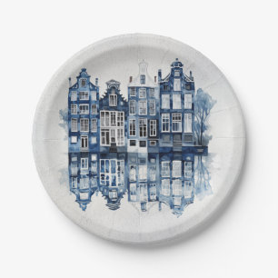 Blauw-wit Delfts stijl traditionele huizen Papieren Bordje