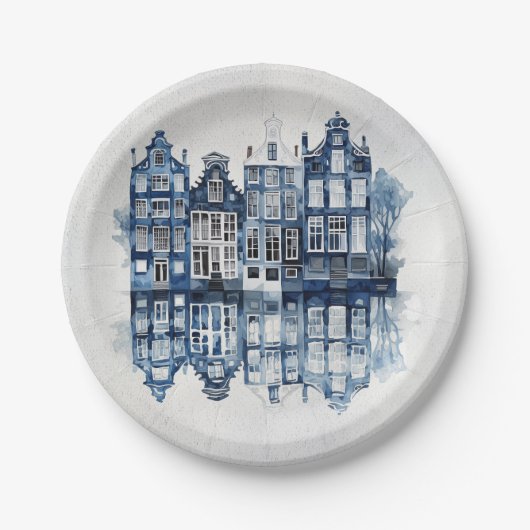 Blauw-wit Delfts stijl traditionele huizen Papieren Bordje (Voorkant)