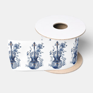 Blauw-wit Delfts stijl viool met bloemen Satijnen Lint