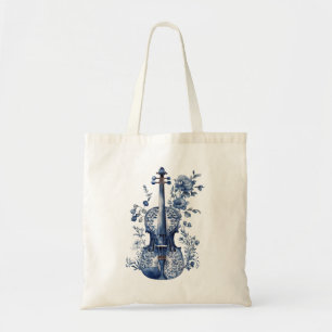 Blauw-wit Delfts stijl viool met bloemen Tote Bag
