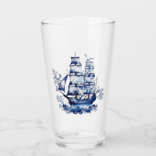 Blauw-wit Delfts stijl zeilschip in het zee Glas