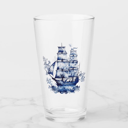 Blauw-wit Delfts stijl zeilschip in het zee Glas (Voorkant)