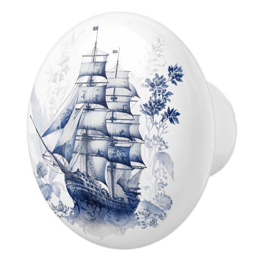Blauw-wit Delfts stijl zeilschip in het zee Keramische Knop (Rechts)