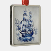 Blauw-wit Delfts stijl zeilschip in het zee Metalen Ornament (Rechts)