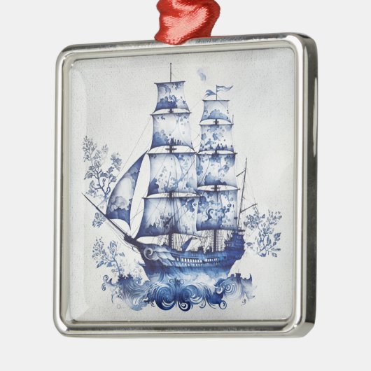 Blauw-wit Delfts stijl zeilschip in het zee Metalen Ornament (Links)
