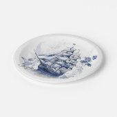 Blauw-wit Delfts stijl zeilschip in het zee Papieren Bordje (Gekanteld)