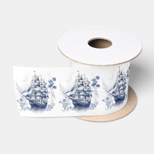 Blauw-wit Delfts stijl zeilschip in het zee Satijnen Lint