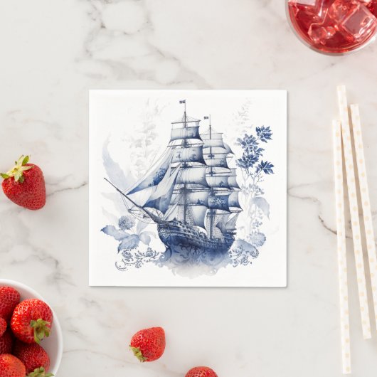 Blauw-wit Delfts stijl zeilschip in het zee Servet (Insitu)