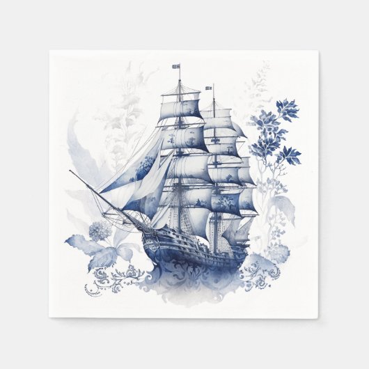 Blauw-wit Delfts stijl zeilschip in het zee Servet (Voorkant)