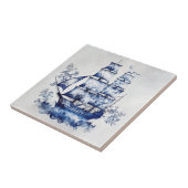 Blauw-wit Delfts stijl zeilschip in het zee Tegeltje (Zijkant)