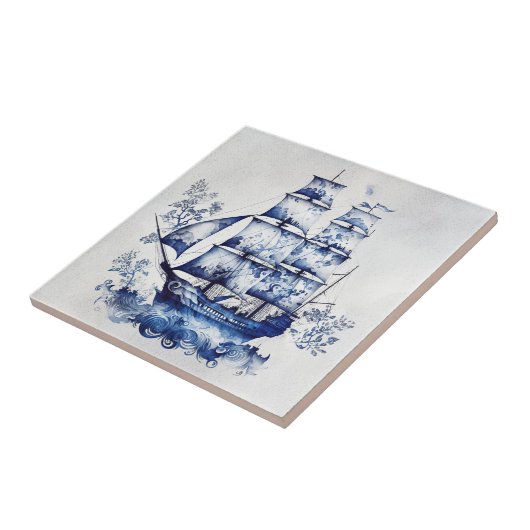 Blauw-wit Delfts stijl zeilschip in het zee Tegeltje (Zijkant)