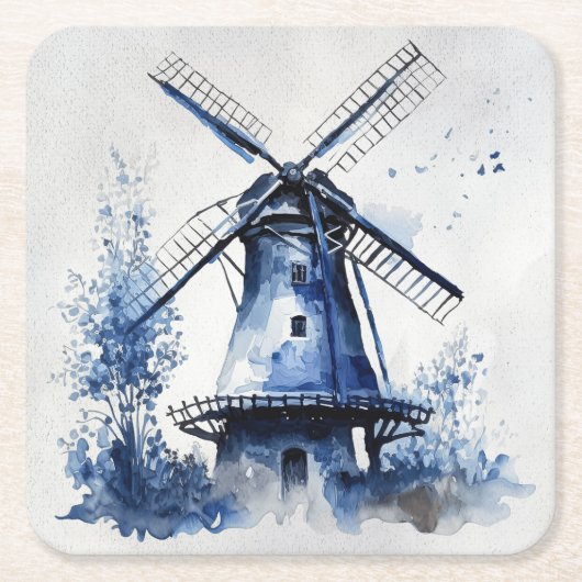 Blauw-wit Delfts stijllandschap met windmolen Kartonnen Onderzetters (Voorkant)
