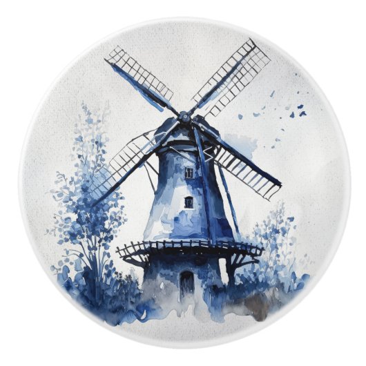 Blauw-wit Delfts stijllandschap met windmolen Keramische Knop (Voorkant)