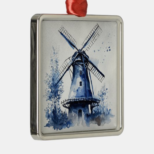 Blauw-wit Delfts stijllandschap met windmolen Metalen Ornament (Rechts)