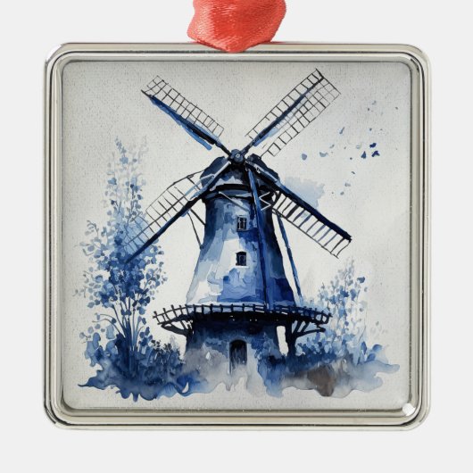 Blauw-wit Delfts stijllandschap met windmolen Metalen Ornament (Voorkant)