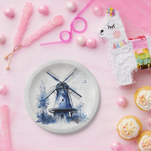 Blauw-wit Delfts stijllandschap met windmolen Papieren Bordje (Feest)