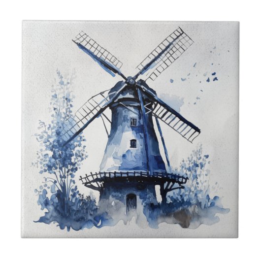Blauw-wit Delfts stijllandschap met windmolen Tegeltje (Voorkant)