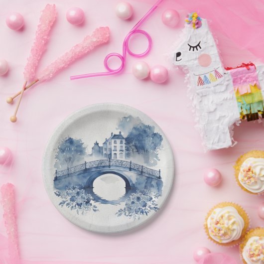 Blauw-wit Delfts stijllandschap Papieren Bordje (Feest)