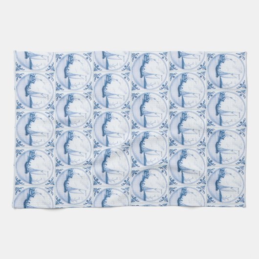 Blauw Wit Delfts Zeilboot Patroon Keukenhanddoek (Horizontaal)