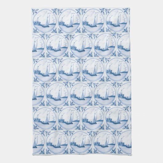 Blauw Wit Delfts Zeilboot Patroon Keukenhanddoek (Verticaal)
