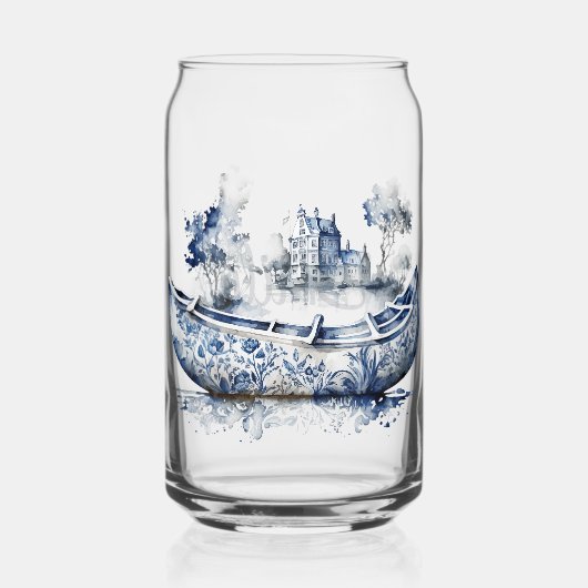 Blauw-wit Delftse stijl boot met dorpscène Blikvorm Glas (Voorkant)