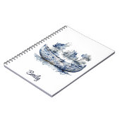 Blauw-wit Delftse stijl boot met dorpscène Notitieboek (Linkerzijde)